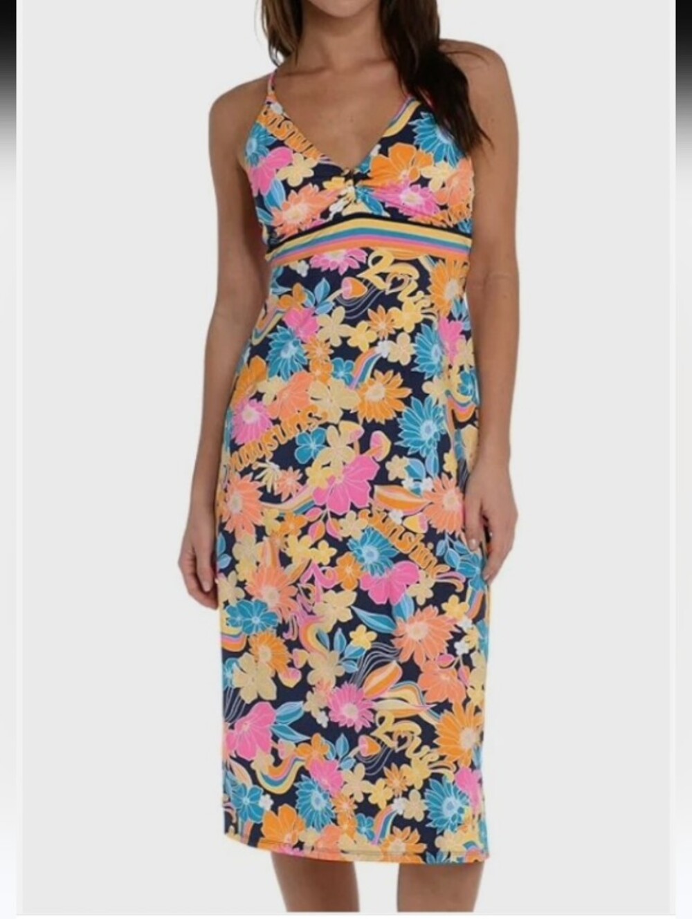 Sunshine 79 Floral V-Neck Midi Dress with Multicolor Print. Worn Once. Nylon.